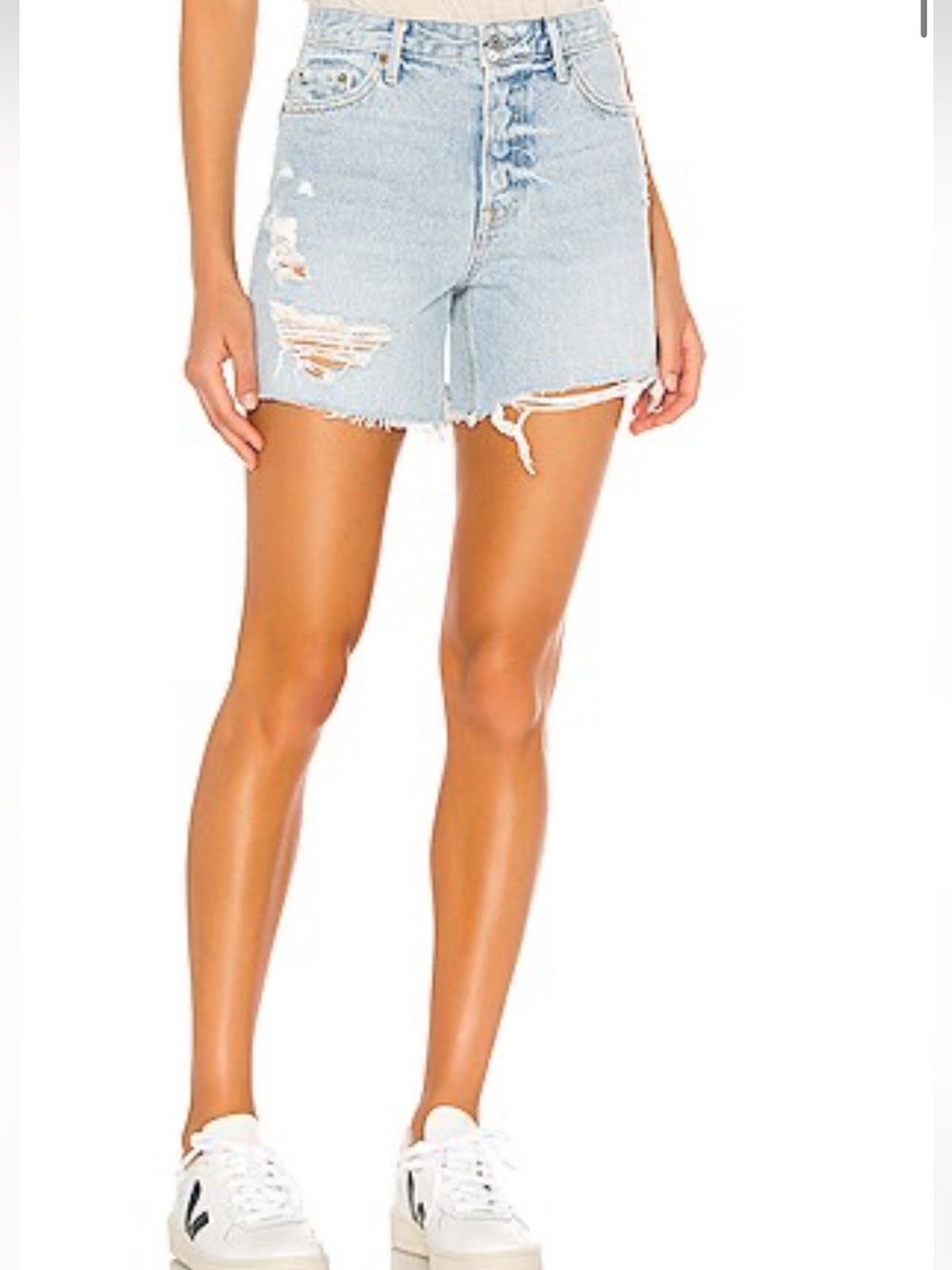 GRLFRND Faded Light Blue Distressed High-Rise Denim Shorts